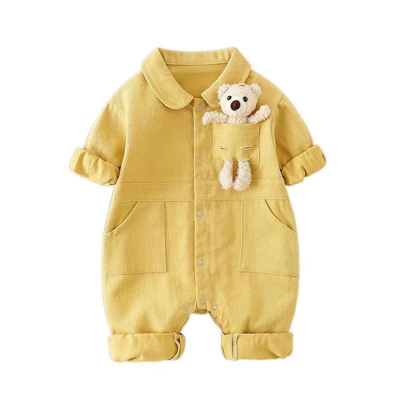 BearBuddy Denim β Spring Cartoon Pocket Romper for Babies