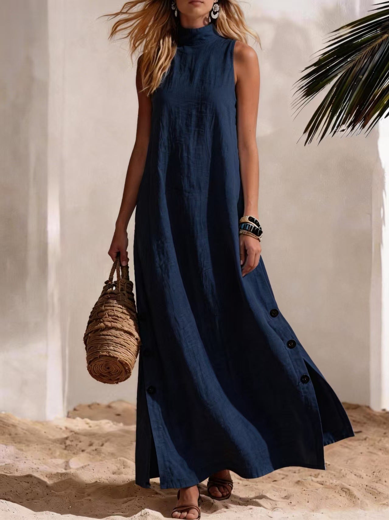 Cotton Linen Sleeveless Midi Dress β Side Slits & Loose Fit