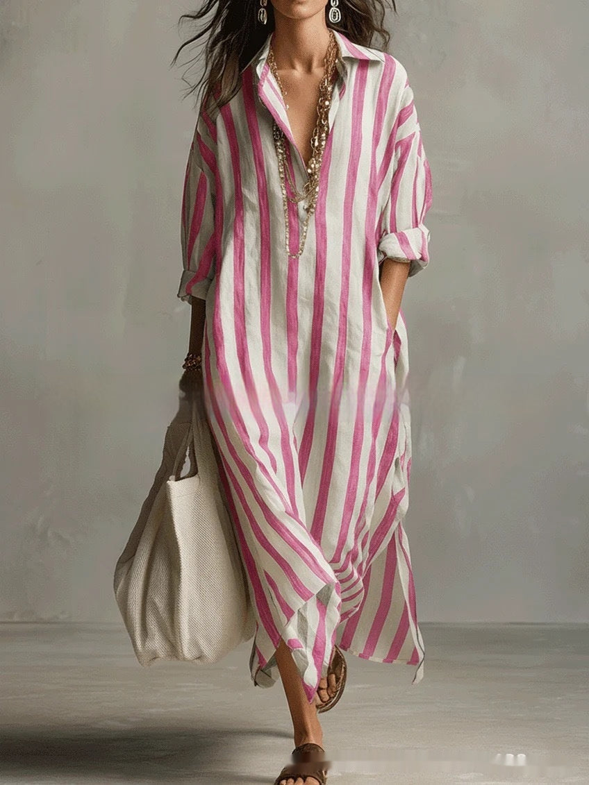 Striped Lapel Collar Dress β Side Slits & Pockets