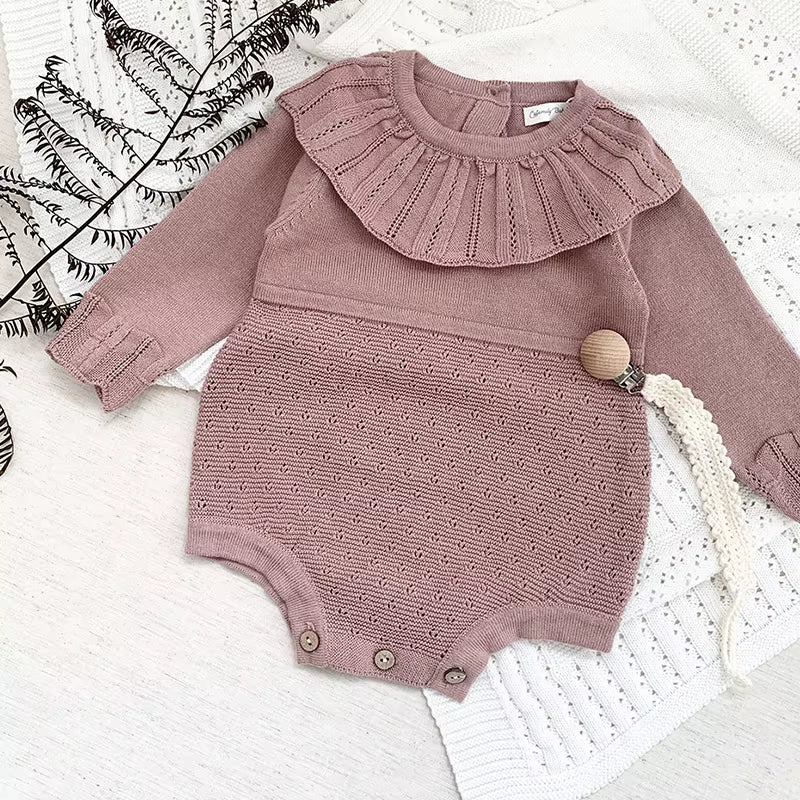 New Autumn Baby Girls Rompers Cotton Knitted Lace Ruffle Collar Infant Girls Bodysuit Knit Pink Princess Toddler Girls Outfits ο»Ώ