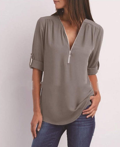 Women's Short-Sleeve Zip V-Neck Loose Top