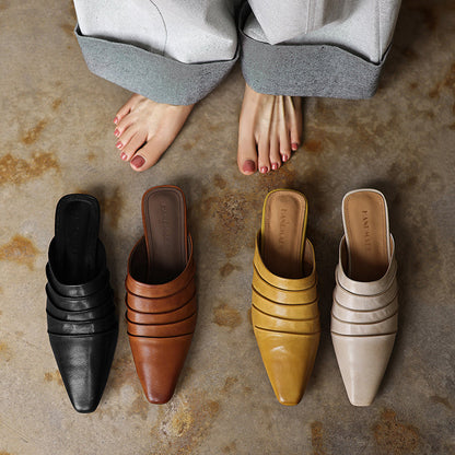 Handmade Sheepskin Ruched Mule Slides – Square Toe Low Heel